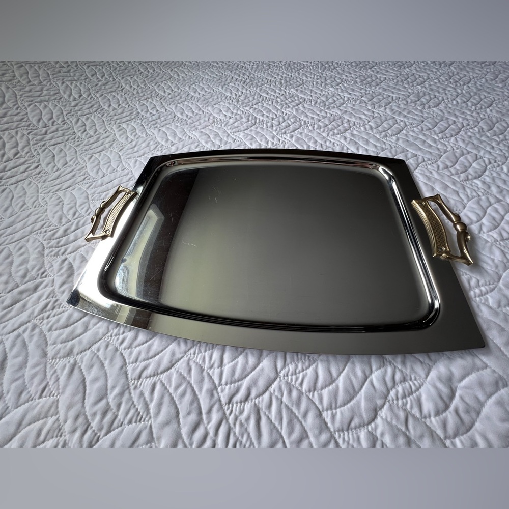 Vintage Chrome finish Stainless Steel Serving Tray with Gold Handles
